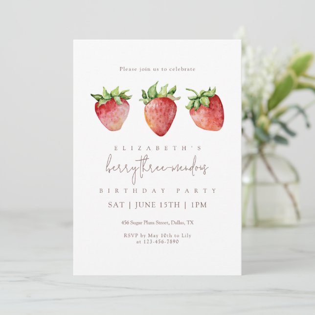 Berry Threemendous Strawberry Birthday Invitation (Standing Front)