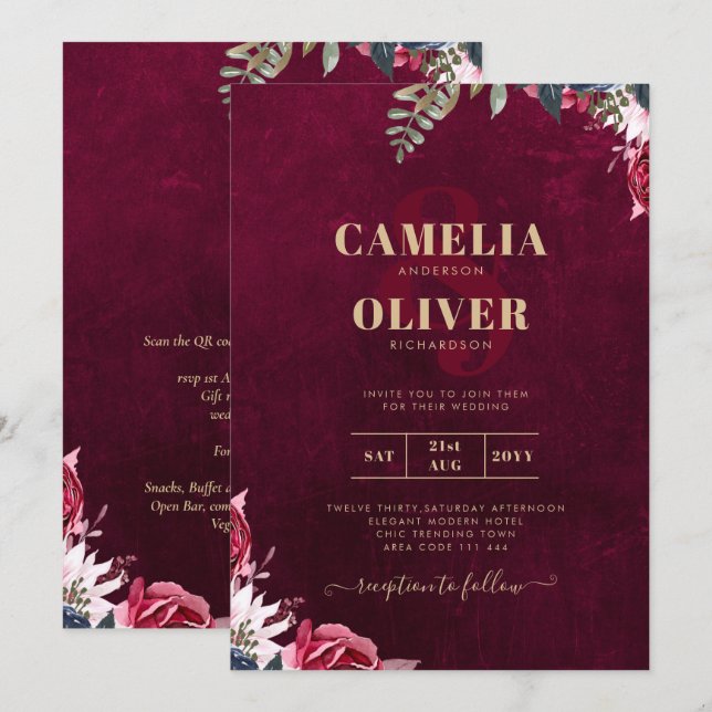 Berry Wine Floral Wedding  Invitation (Front/Back)