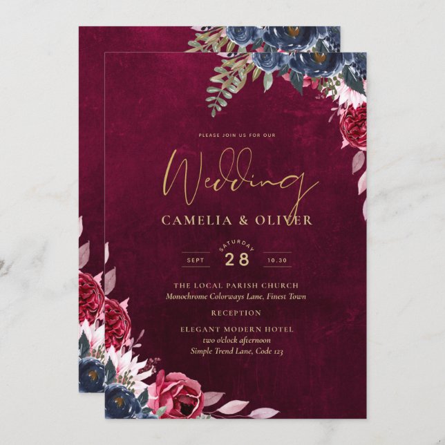 Berry Wine Floral Wedding  Invitation (Front/Back)