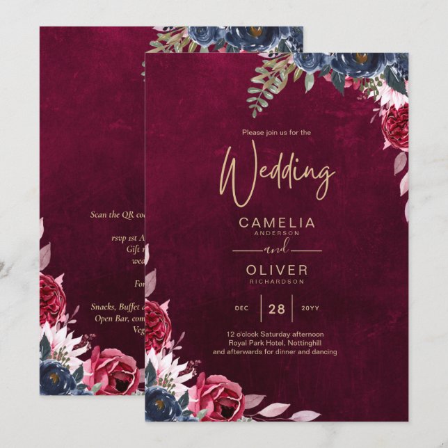 Berry Wine Floral Wedding  Invitation (Front/Back)