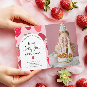 Berry with Photo   Pink & Red Strawberry Birthday Invitation