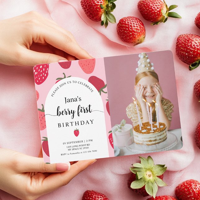 Berry with Photo | Pink & Red Strawberry Birthday Invitation (Creator Uploaded)