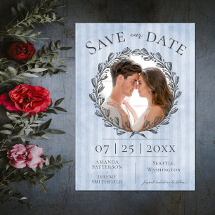 Berry Wreath and Stripes Photo   Blue Save The Date