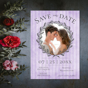 Berry Wreath and Stripes Photo Purple Save The Date