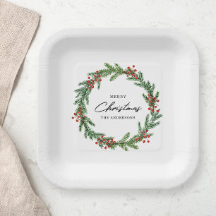 Berry Wreath Family Name Christmas Party Paper Plate