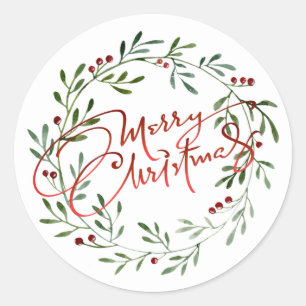 Berry Wreath Gradient Red Script Merry Christmas Classic Round Sticker