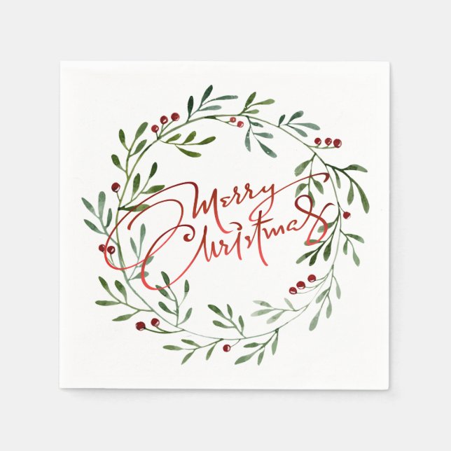 Berry Wreath Gradient Red Script Merry Christmas Napkin (Front)