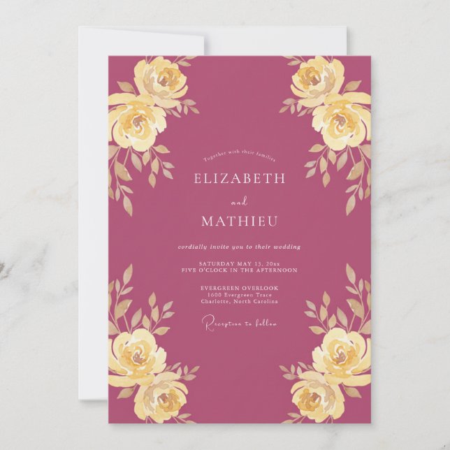 Berry Yellow Leafy Wedding Invitation (Front)