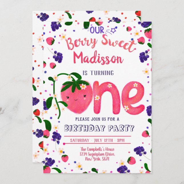 BerrySweet FIRST Birthday Invitation (Front/Back)