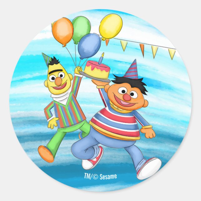 Bert and Ernie Birthday Balloons Classic Round Sticker (Front)