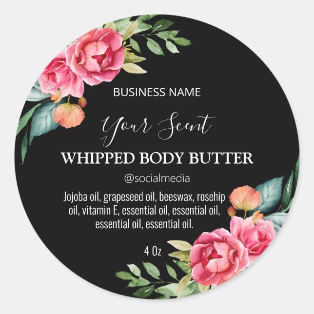 Bespoke Black Floral Body Butter Labels (Front)