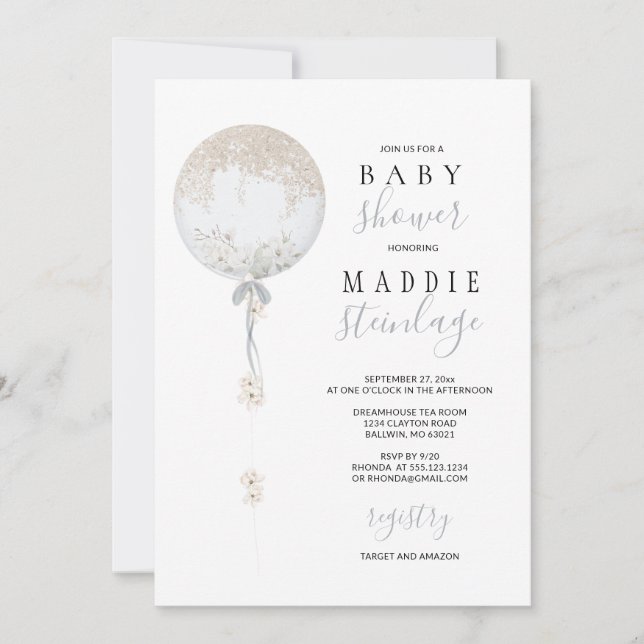 Bespoke Floral Balloon Baby Shower Invitation (Front)