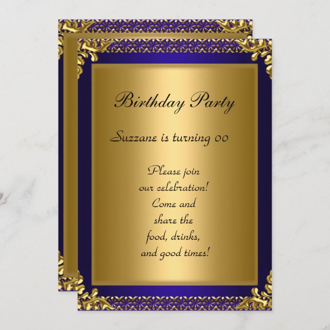 Best 50th Gold Blue Birthday Party Invitation (Front/Back)