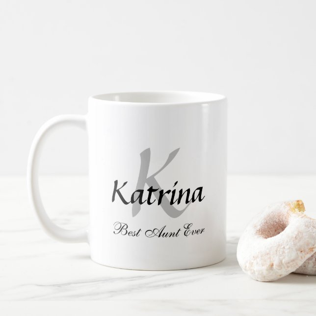 Best Aunt Ever Monogram Initial Black White Custom Coffee Mug (With Donut)