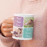 Best Aunt Ever Personalised Photos Purple Teal Coffee Mug<br><div class="desc">Celebrate a favourite aunt with this custom purple and teal design. You can add five family photos of nieces and nephews, personalise the expressions of "Best Aunt Ever" and "I Love You" or "We Love You, " and whether she is called Aunt, Auntie, Tia, etc., and her name. You can...</div>