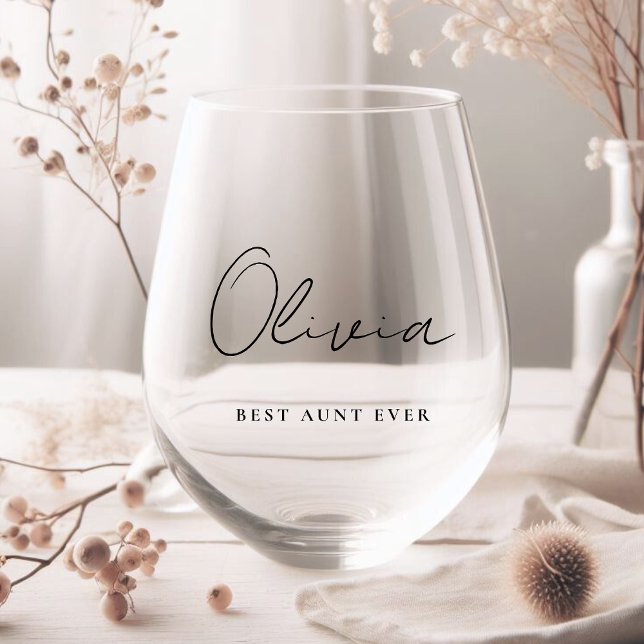 Best Aunt Ever Script Monogram Stemless Wine Glass (Creator Uploaded)
