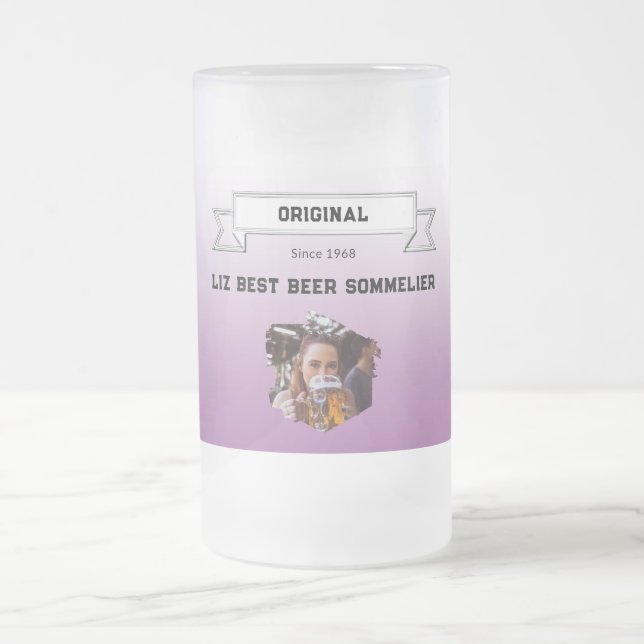 Best Beer Sommelier Violet White Gradient & Photo Frosted Glass Beer Mug (Center)