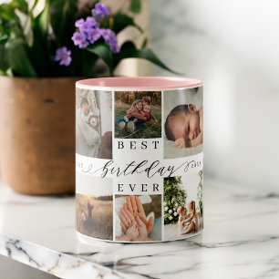 Best Birthday Ever Elegant Script 8 Photo Collage Two-Tone Coffee Mug