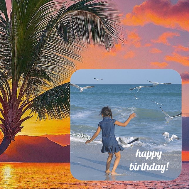 Best Birthday Wishes Blue Water Beach Photo Square Sticker (Front with Background)