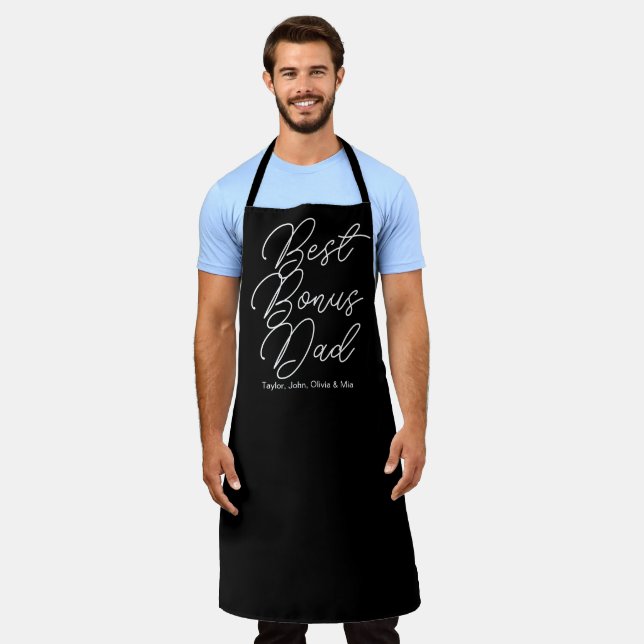 Best Bonus Dad black modern script step kids names Apron (Worn)
