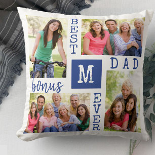 Best Bonus Dad Ever 4 Photo Blue White Monogrammed Cushion