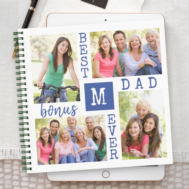Best Bonus Dad Ever 4 Photo Collage Monogrammed Notebook (Creator Uploaded)