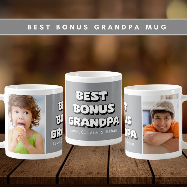Best Bonus Grandpa Grandchildren 2 Photo Grey Coffee Mug (Creator Uploaded)