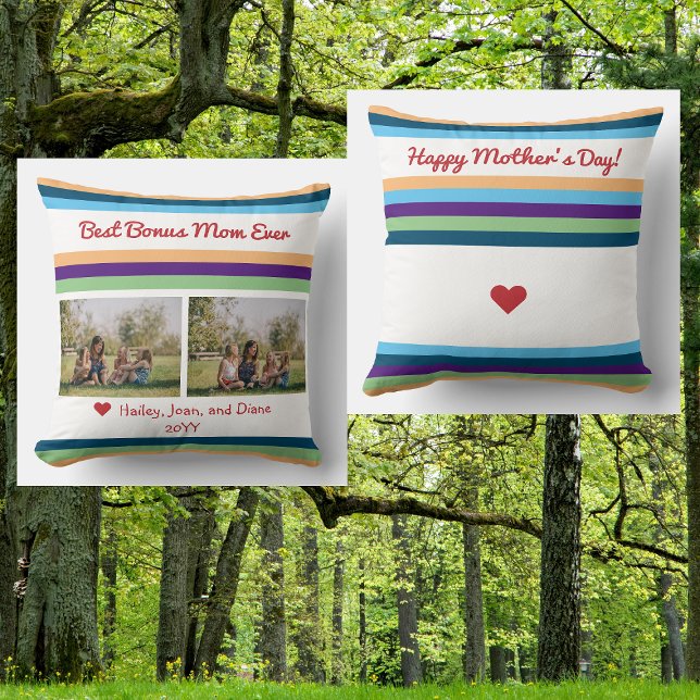 Best Bonus Mum Ever 2 Photos Names Script Modern Cushion (Best Bonus Mom Ever. Photo keepsake for Mother's Day. Modern pillow, elegant minimalist color bands)