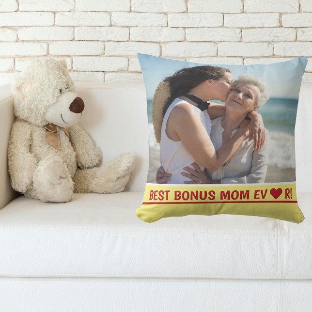 Best Bonus Mum Ever Photo Heart Mother's Day Bday Cushion (Best Bonus Mom EVER! Heart. Simple, Minimalist,  Modern Mother's Day gift for Stepmom / Second Mom)