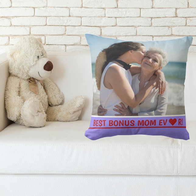 Best Bonus Mum Ever Photo Heart Mother's Day Bday Cushion (Best Bonus Mom EVER! Heart. Simple, Minimalist,  Modern Mother's Day gift for Stepmom / Second Mom)