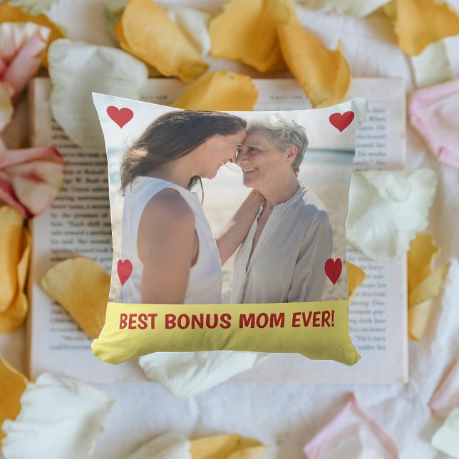 Best Bonus Mum Ever Photo Hearts Mother's Day Bday Cushion (Best Bonus Mom EVER! Hearts on Personalized Photo. Modern Mother's Day gift for Stepmom / Second Mom)