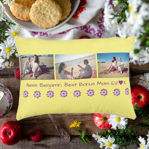 Best Bonus Mum Ever, w/ Heart. Name + 3 Photos  Decorative Cushion
