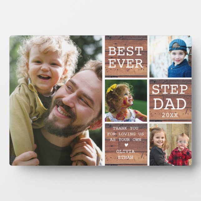 Best Bonus Step Dad 4 Photo Collage Rustic Wood Plaque (Front)