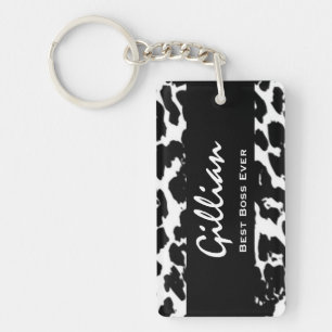Best Boss Ever Custom Name Black White Leopard Key Ring