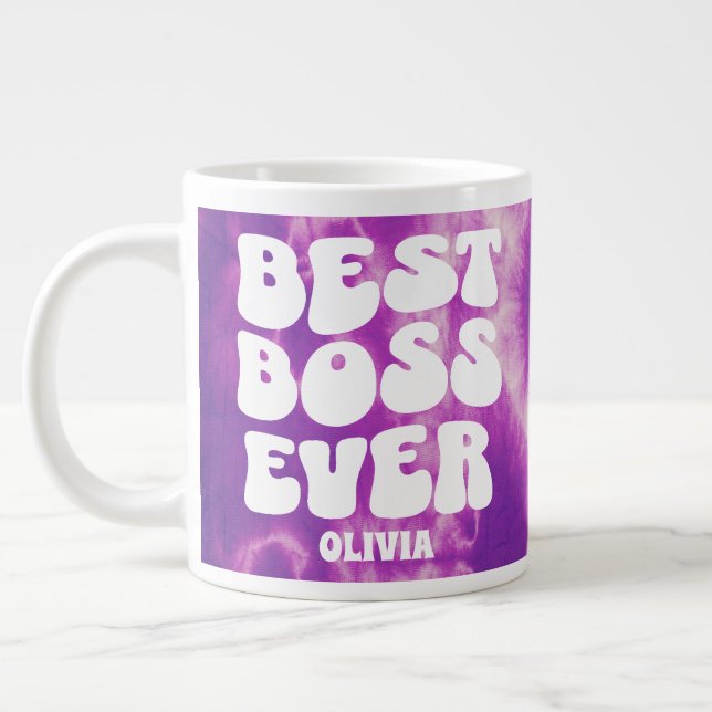 Best Boss Ever Retro Purple Tie Dye Custom Name Large Coffee Mug (Left)