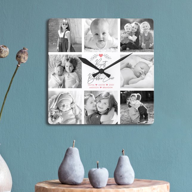 Best Bubbie Ever 8 Photo Collage Modern Script Square Wall Clock (Creator Uploaded)