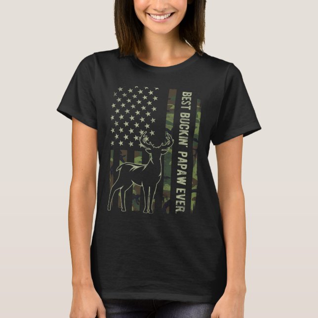 Best Buckin' Papaw Camo American Flag Deer Hunting T-Shirt (Front)