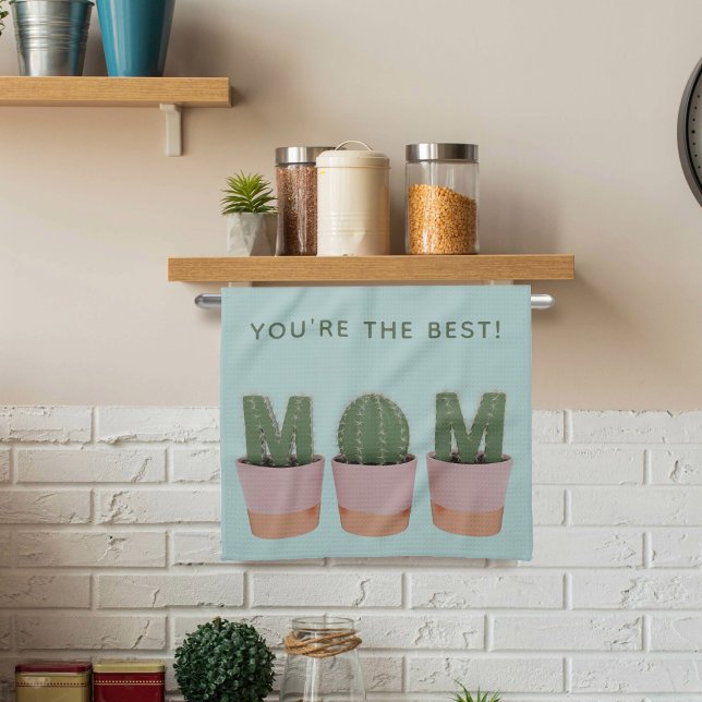 Best Cactus Plant Mum Teal Kitchen Towel (You're the best cactus mom!)