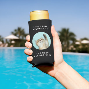Best Cat Dad Ever Custom Text & 2 Photos Black Seltzer Can Cooler