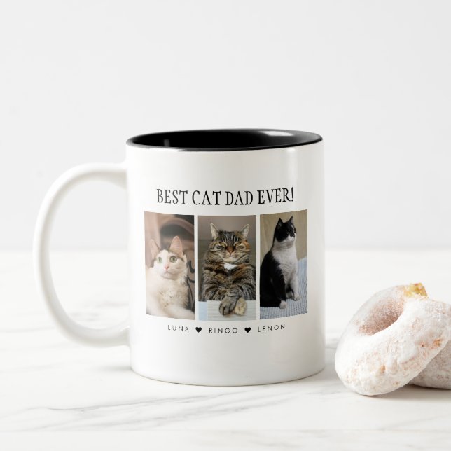 Best Cat Dad Ever Custom three photos Two-Tone Coffee Mug (With Donut)