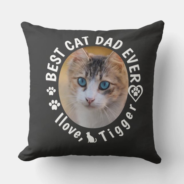 Best Cat Dad Ever Modern Custom Photo and Cat Name Cushion (Front)