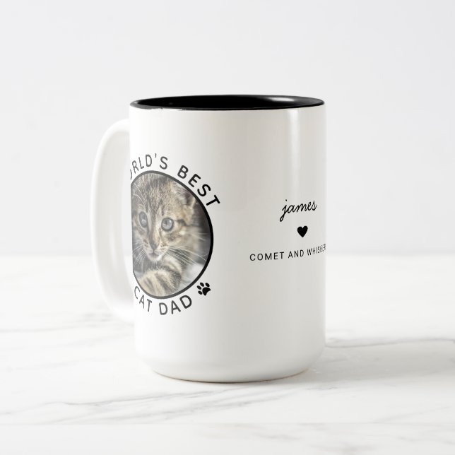 Best Cat Dad Two Photo Modern Typography Two-Tone Coffee Mug (Front Left)