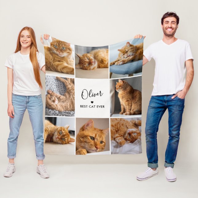 Best Cat Ever Custom Text 8-Photo Collage Fleece Blanket (In Situ)