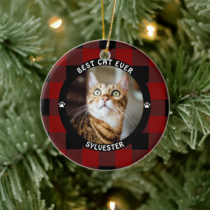 BEST CAT EVER Red Black Plaid Personalised Ceramic Tree Decoration