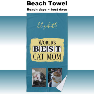 Best cat mum 2 photo name blue yellow beach towel