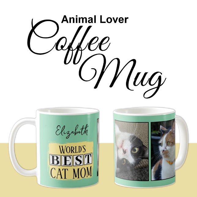 Best cat mum 2 photo name green yellow coffee mug (Creator Uploaded)