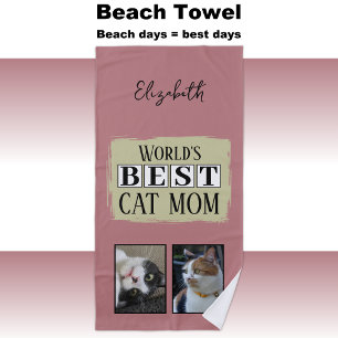 Best cat mum 2 photo name pink green beach towel