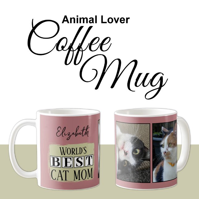 Best cat mum 2 photo name pink green coffee mug (Creator Uploaded)