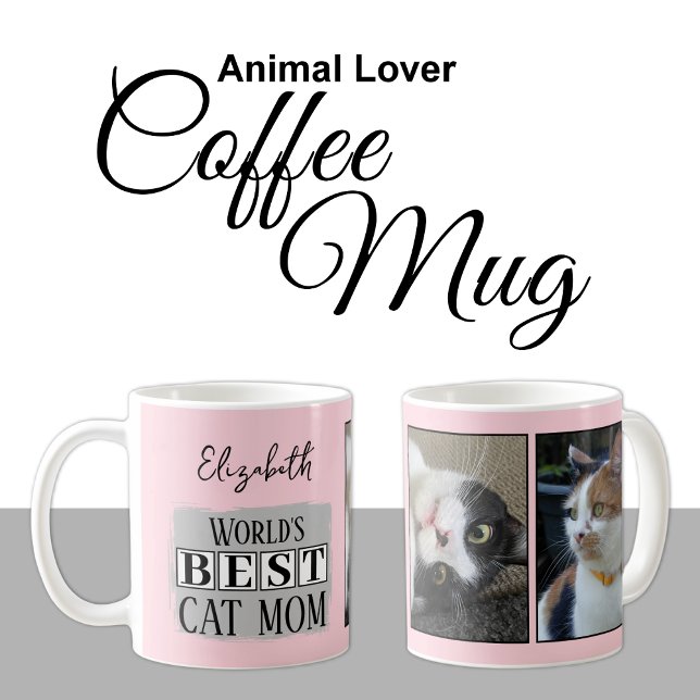 Best cat mum 2 photo name pink grey coffee mug (Creator Uploaded)