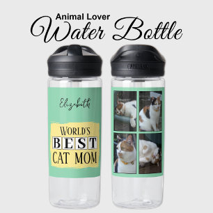 Best cat mum 4 photo name green yellow water bottle